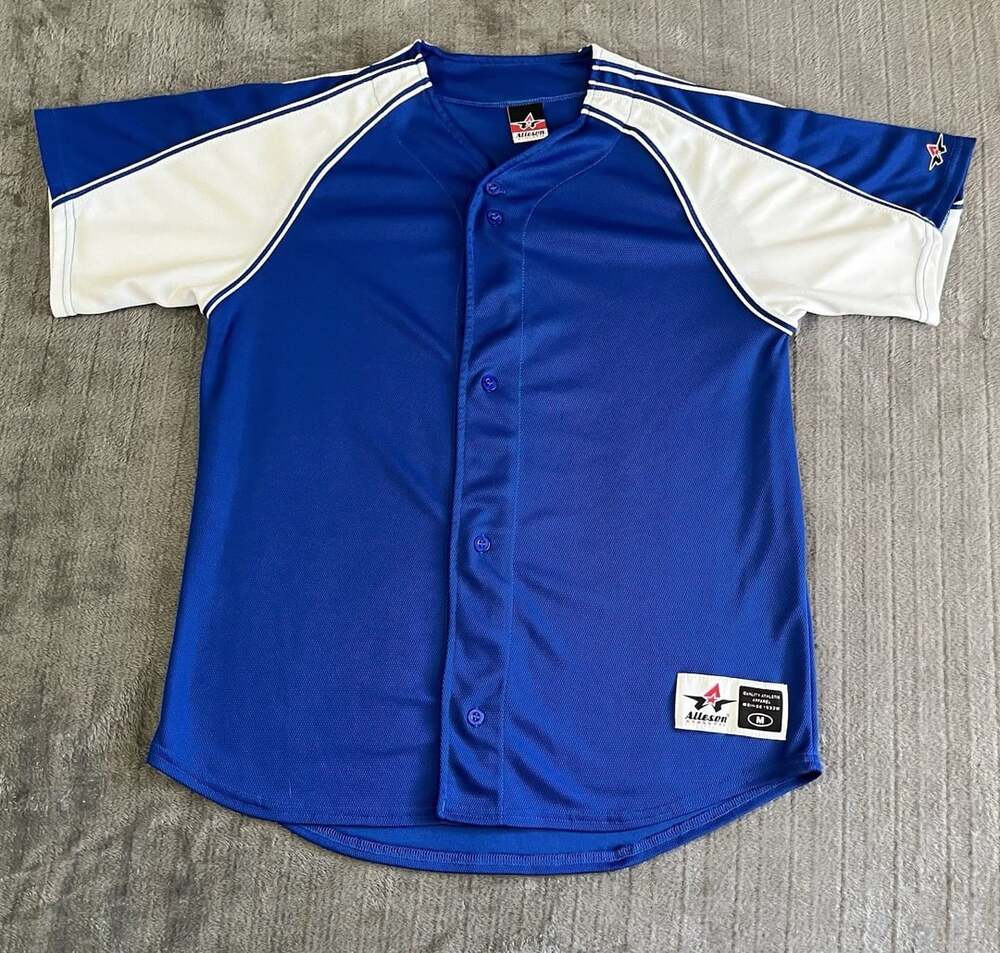 Vintage ALLESON ATHLETIC Baseball Jersey Blank Medium Blue And White Button Up